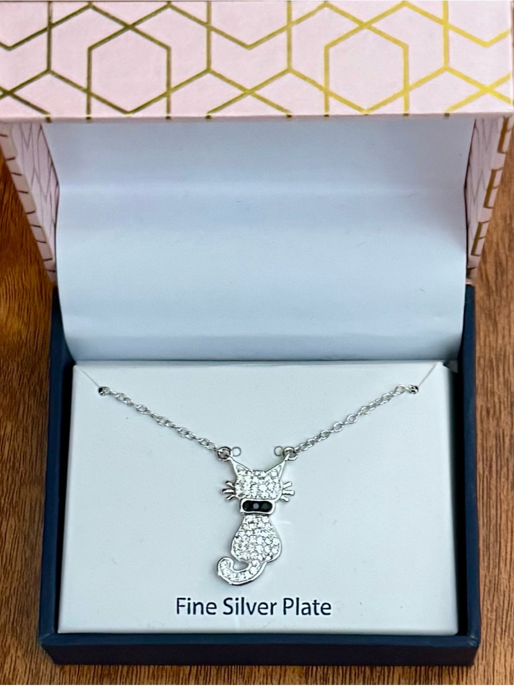 Fine Silver Plate Crystal Cat Pendant Necklace - Silver
